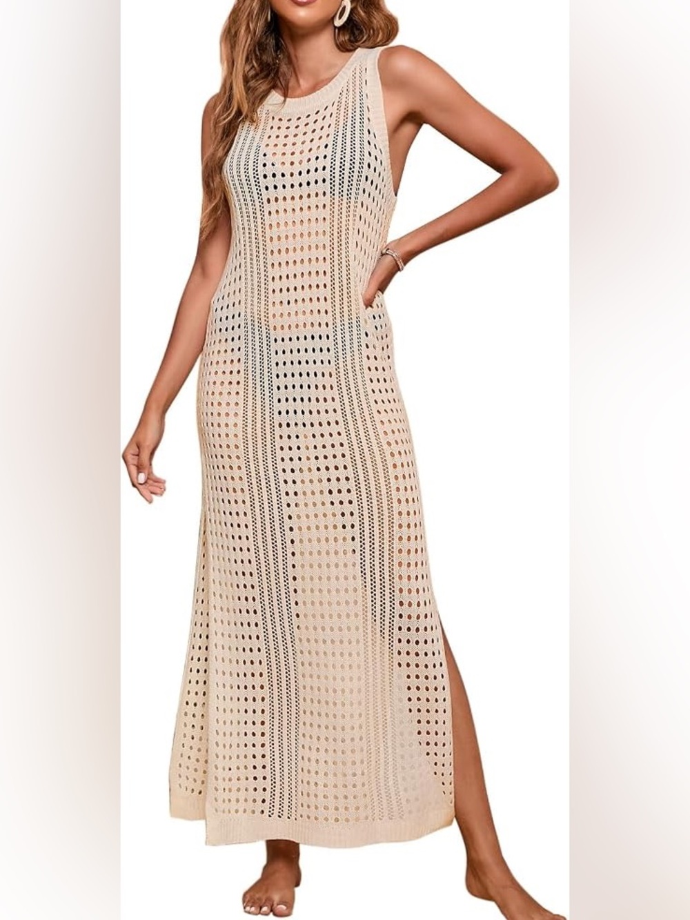 New Mable Women’s Crochet Open Knit Coastal Coverup Maxi Dress Cream size Small
